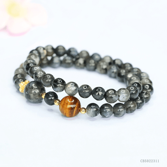 Natural 8mm Tiger's Eye Bracelet with Black Flash Stone Double - Strand Bracelet - Mystic Crystal Shop