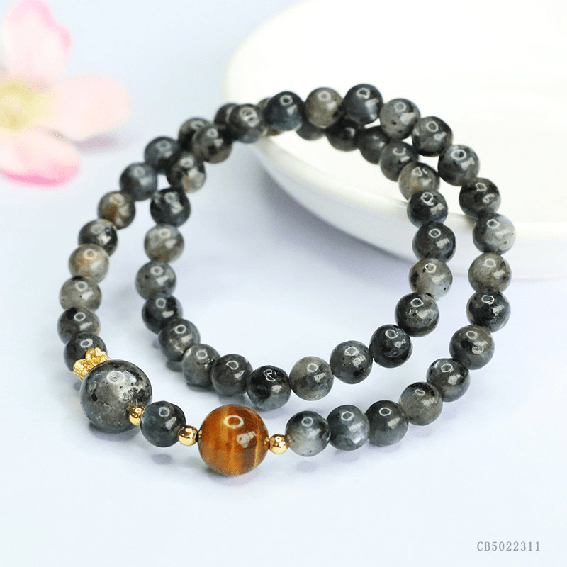 Natural 8mm Tiger's Eye Bracelet with Black Flash Stone Double - Strand Bracelet - Mystic Crystal Shop