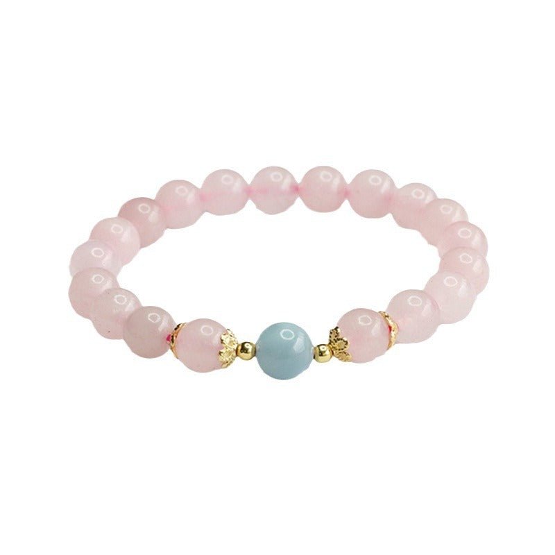 Natural Pink Quartz Bracelet Aquamarine Single - Strand Crystal Bracelet - Mystic Crystal Shop