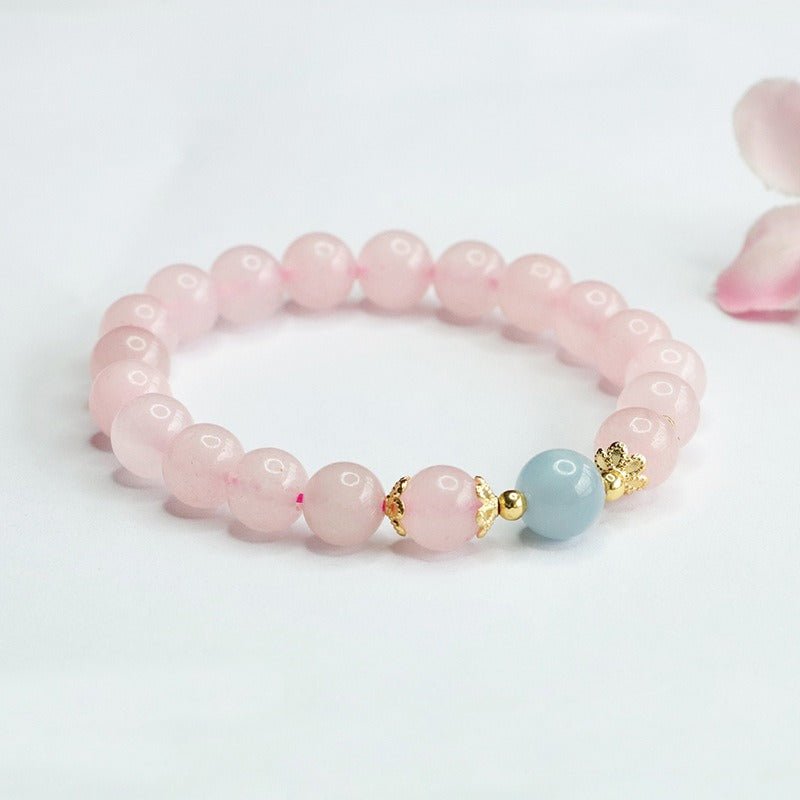 Natural Pink Quartz Bracelet Aquamarine Single - Strand Crystal Bracelet - Mystic Crystal Shop