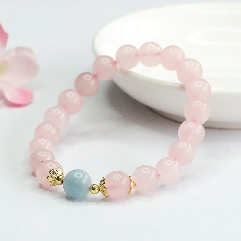 Natural Pink Quartz Bracelet Aquamarine Single - Strand Crystal Bracelet - Mystic Crystal Shop