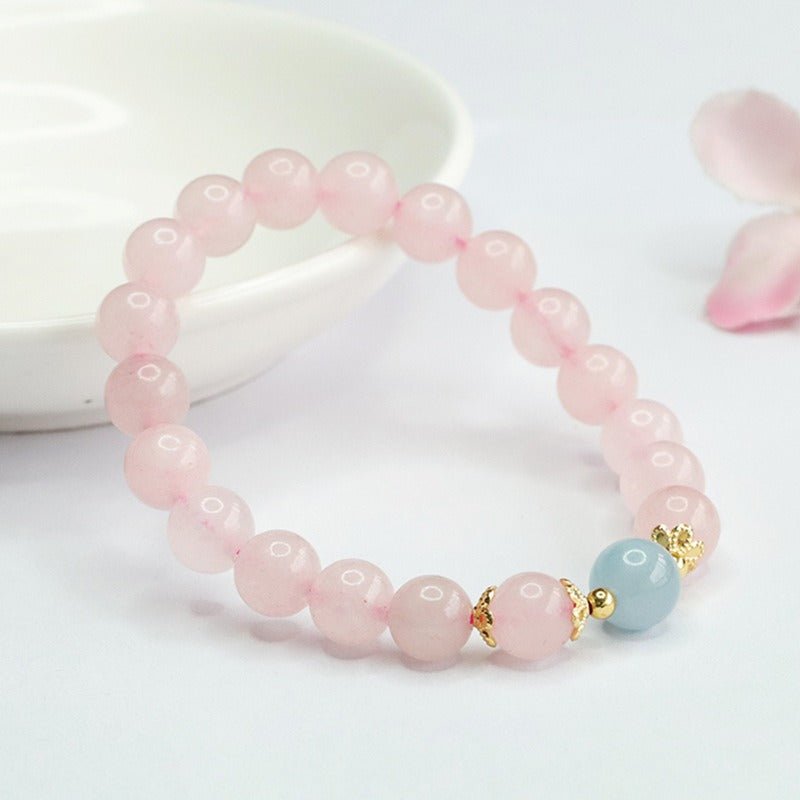 Natural Pink Quartz Bracelet Aquamarine Single - Strand Crystal Bracelet - Mystic Crystal Shop