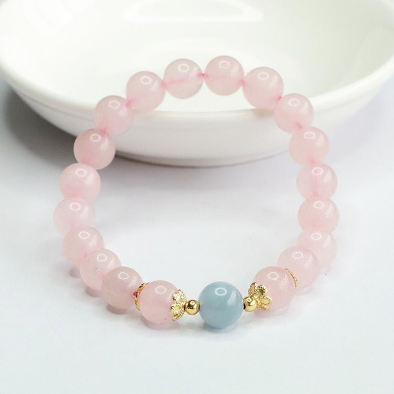 Natural Pink Quartz Bracelet Aquamarine Single - Strand Crystal Bracelet - Mystic Crystal Shop
