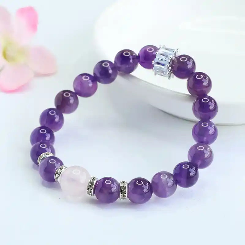 Natural Amethyst and Rose Quartz Bracelet, Crystal Jewelry for Love and Wisdom, Best Gift for Women