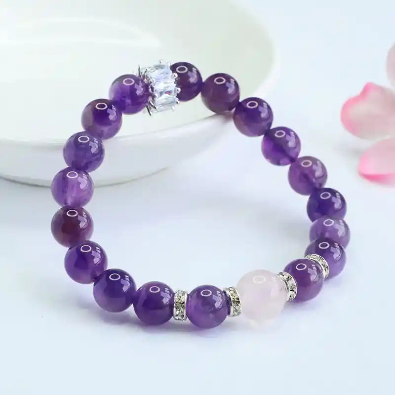 Natural Amethyst and Rose Quartz Bracelet, Crystal Jewelry for Love and Wisdom, Best Gift for Women